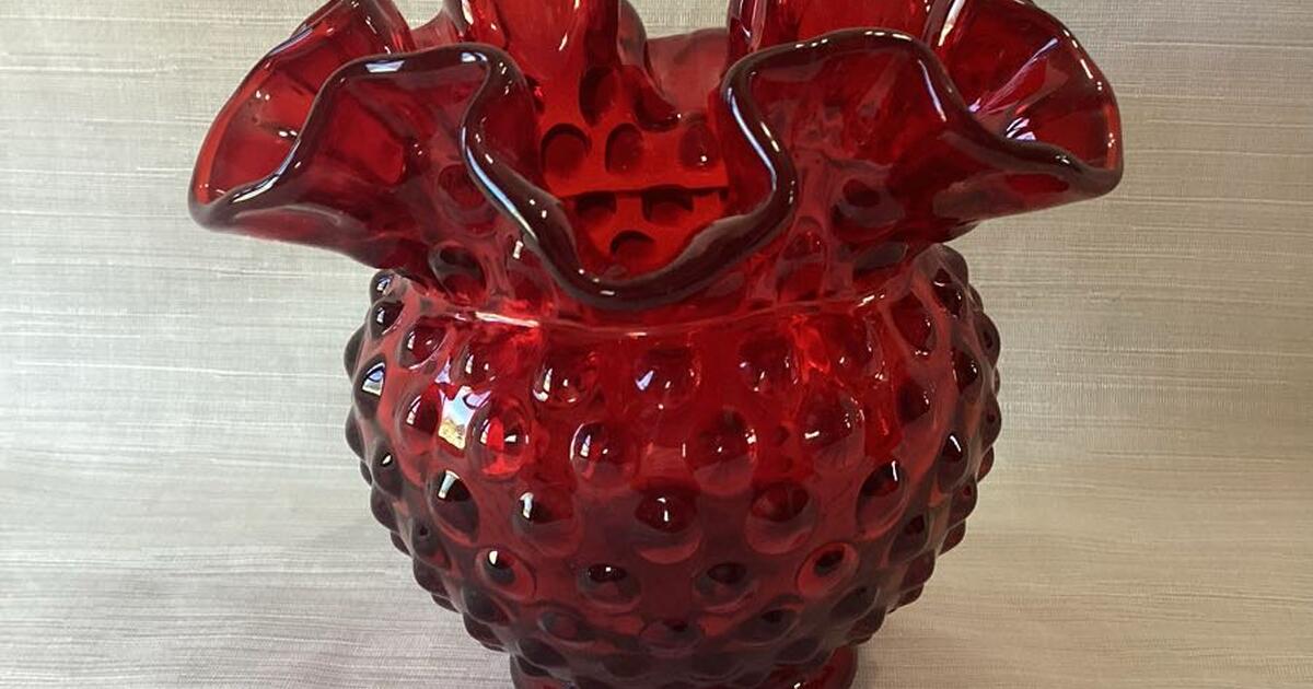 Vintage Fenton Red Ruffled Crimp Edge Hobnail Glass Vase Bowl For