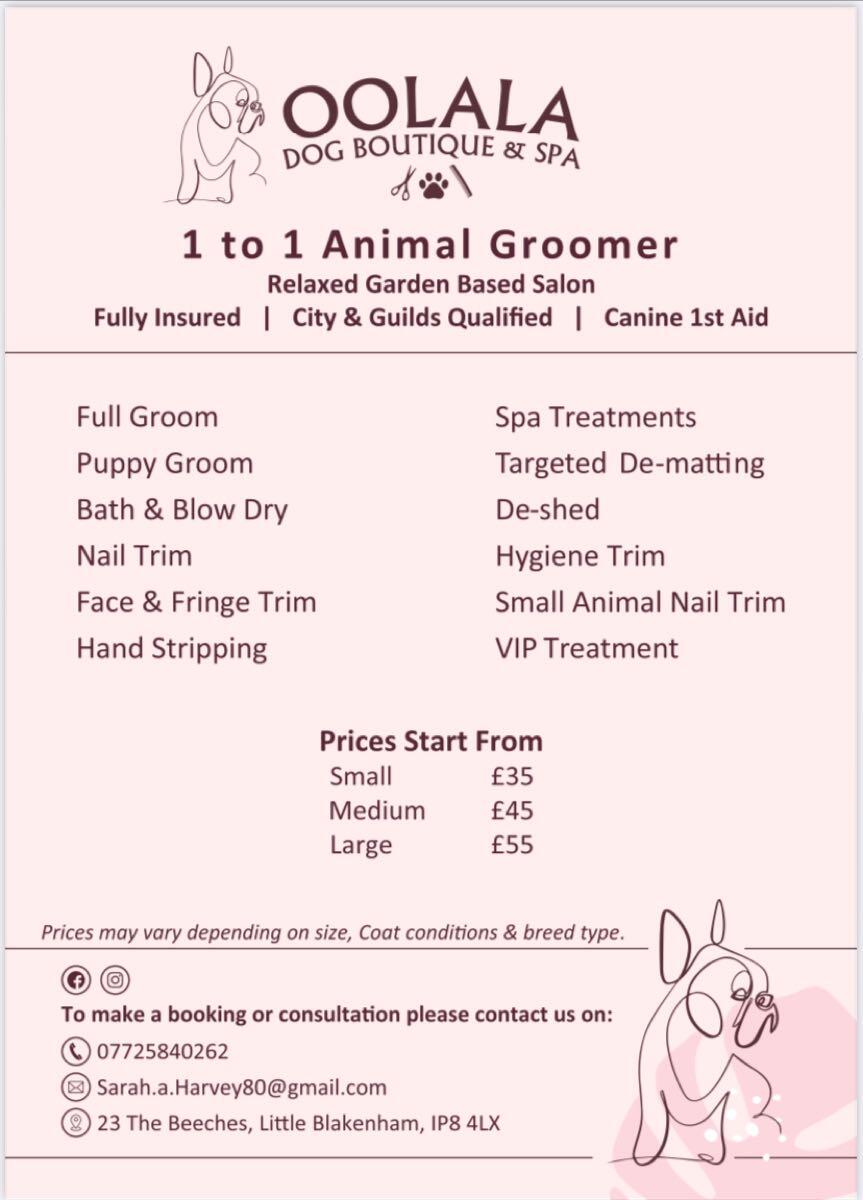 Oolala dog boutique and spa . Dog and pet groomer. Ipswich, England