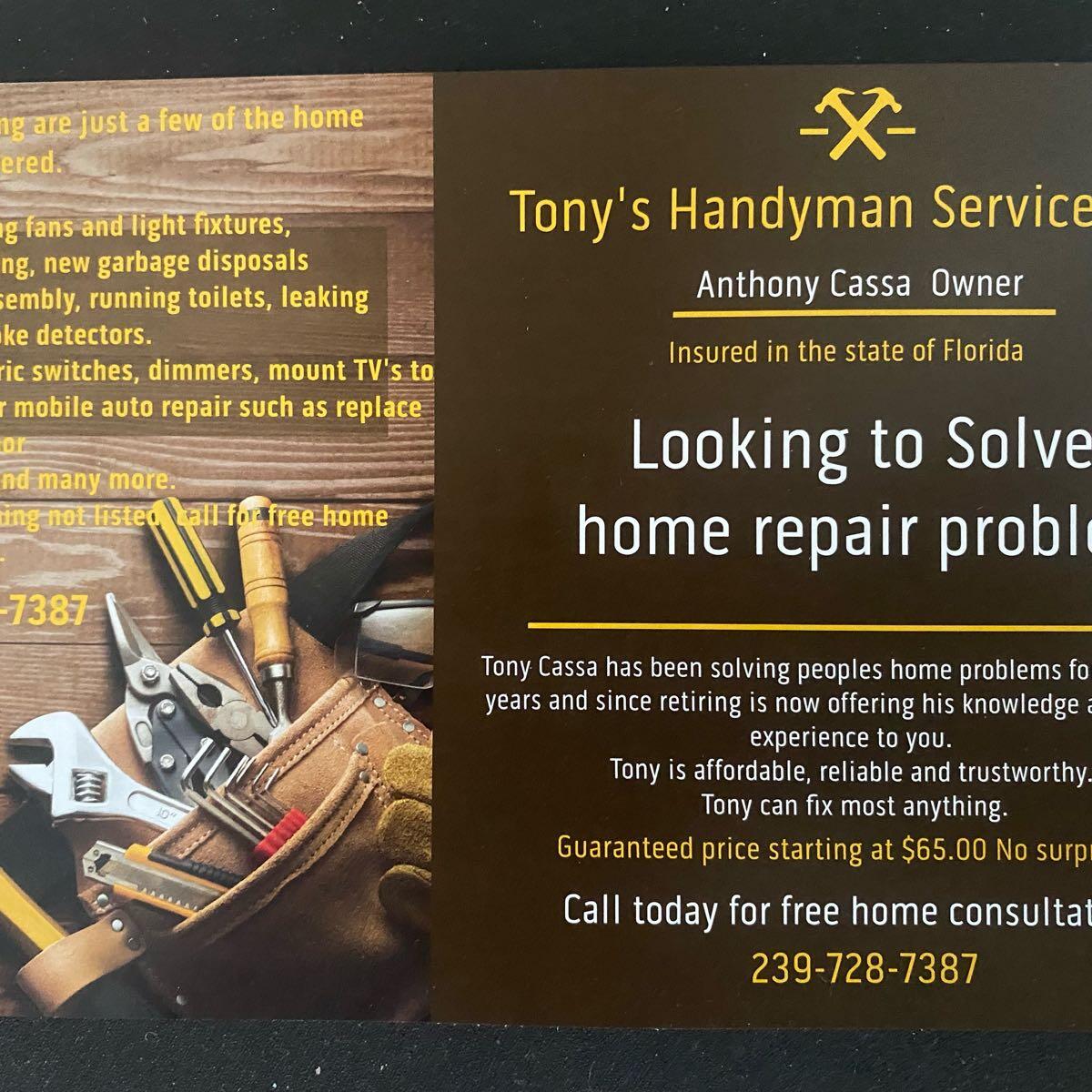 Tony’s handyman services. If your needs arnt listed just ask Alva, FL