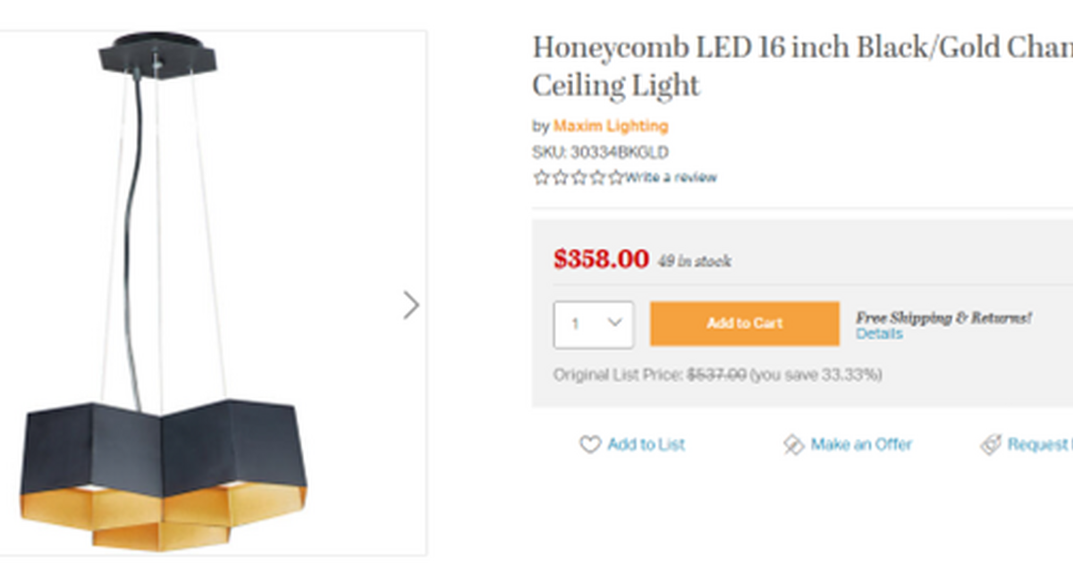 Maxim Gold/Black Chandelier Ceiling Light 16 inch for 25 in Louisville, KY For Sale