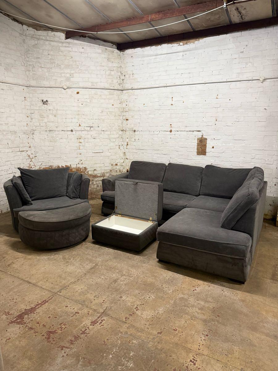 Grey DFS Orka Corner Sofa, Swivel Chair Storage Footstool Set