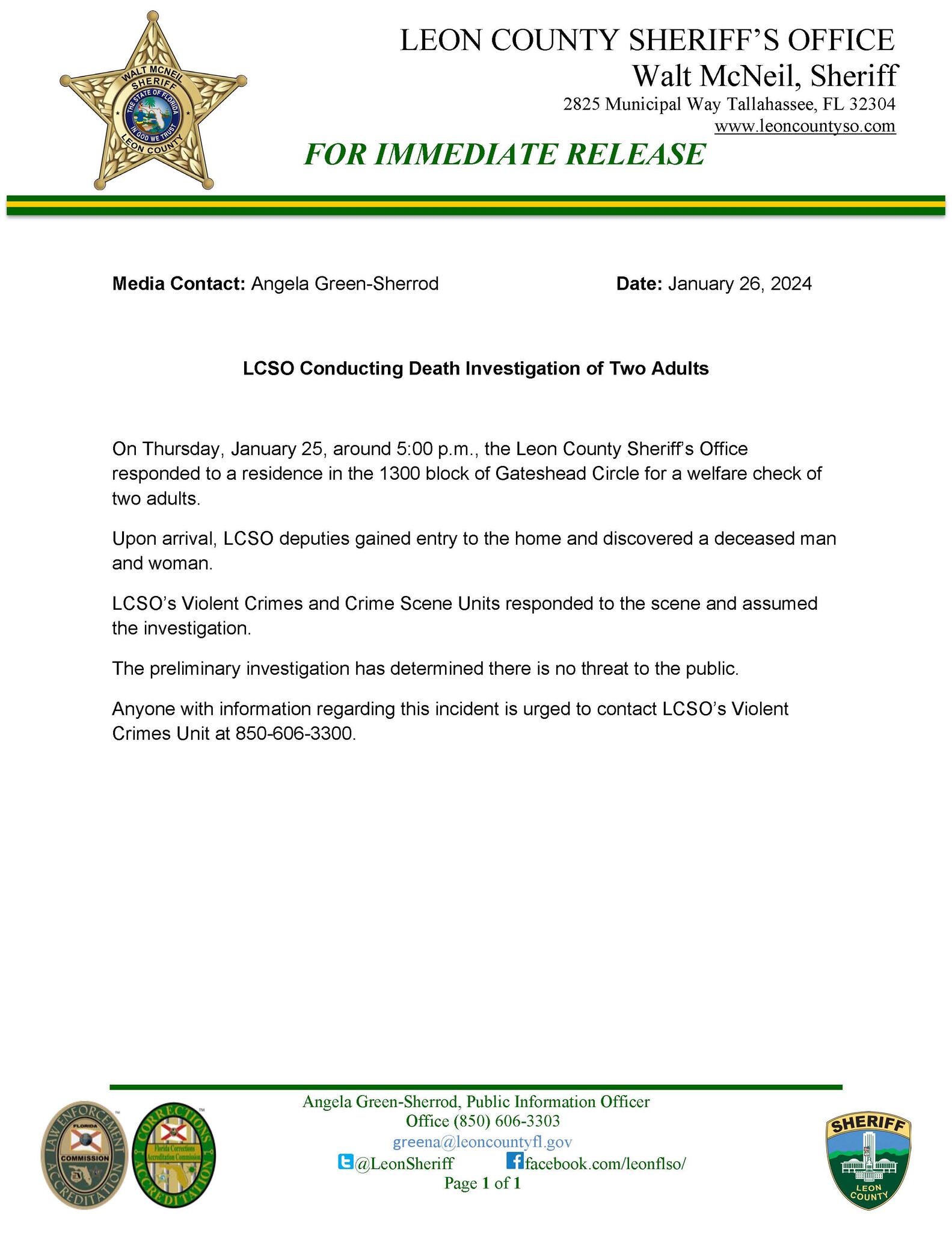 LCSO Conducting Death Investigation of Two Adults (Leon County Sheriffs ...