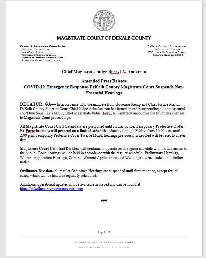 COVID-19 Emergency Response-DeKalb County Magistrate Court Suspends  Non-Essential Hearings (DeKalb County Police Department) &mdash; Nextdoor —  Nextdoor