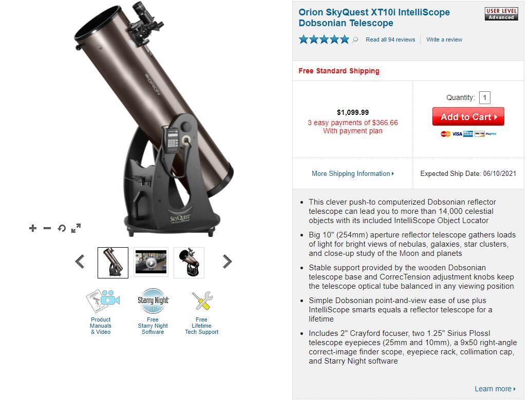 Orion skyquest xt10i intelliscope dobsonian store telescope review