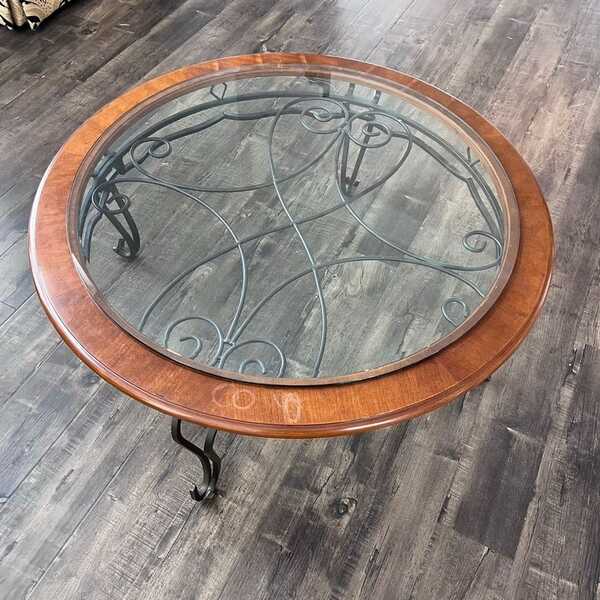 Vintage Round Glass Top Coffee Table Metal Base for 30 in Palm Desert