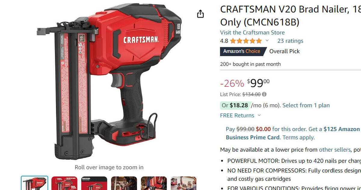 Craftsman CMCN618B 18ga Brad Nailer, battery operated for 80 in