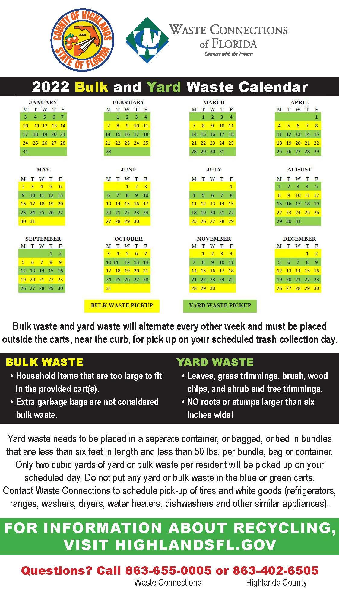 2022 Bulk and Yard Waste calendar (Highlands County