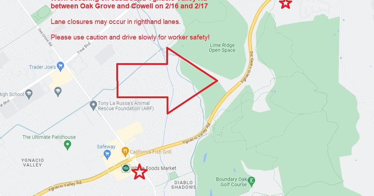 City of Walnut Creek Temporary Lane Closures on Ygnacio Valley Road Eastbound between Oak