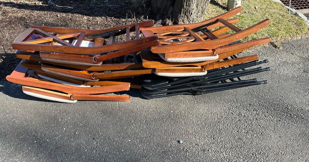 Assorted folding chairs and wooden table pick up today! for Free in