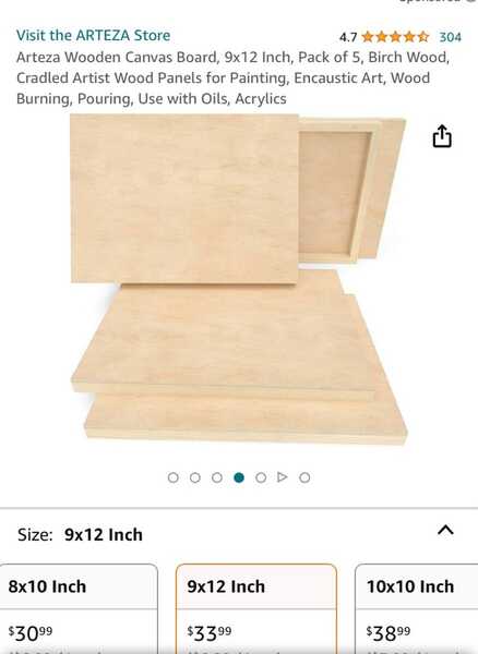 Arteza Wooden Canvas Board, 8x10 inch, Pack of 5, Birch Wood, Cradled Artist Wood Panels for Painting, Encaustic Art, Wood Burning, Pouring, Use