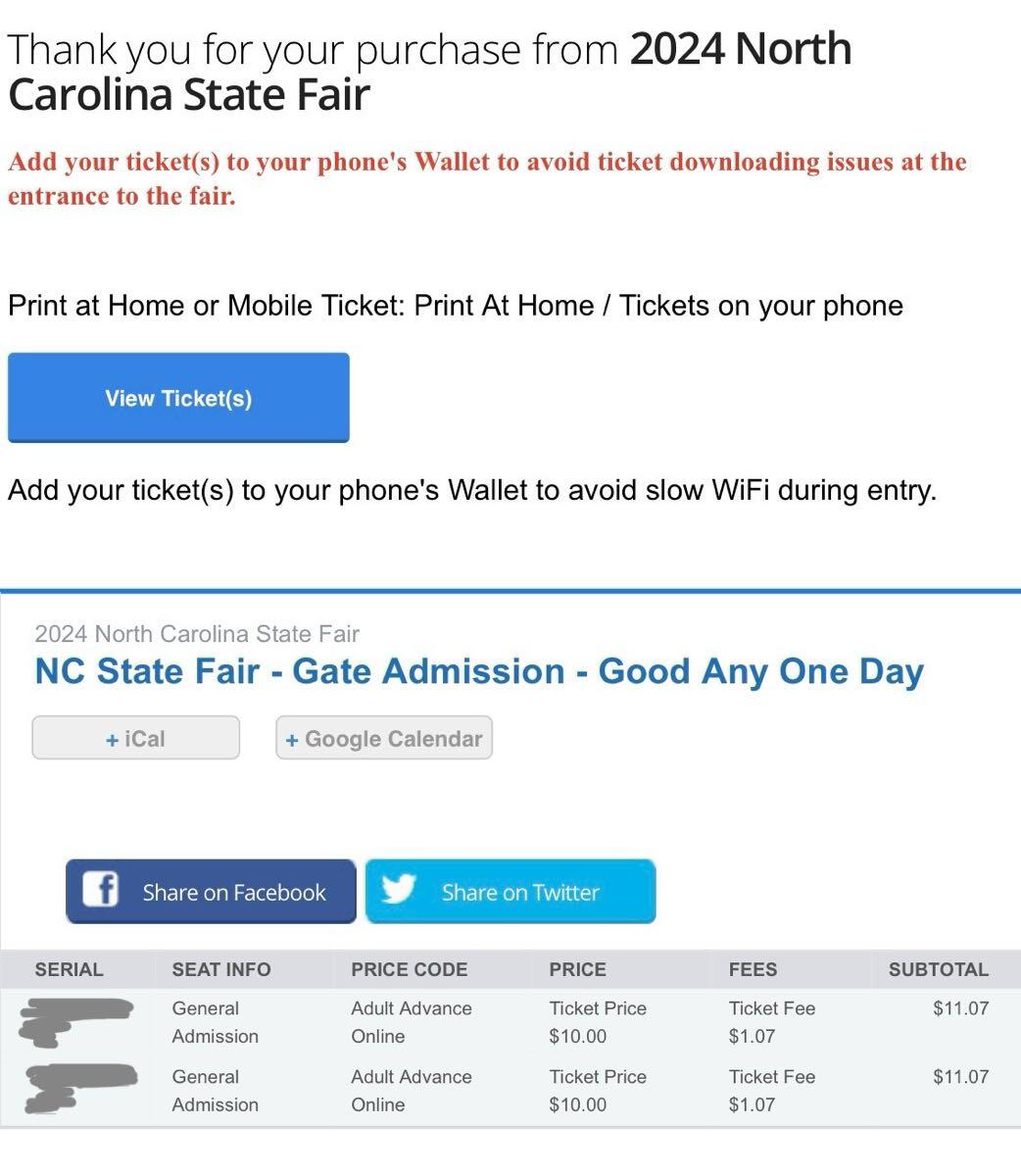 NC State Fair Tickets (2)