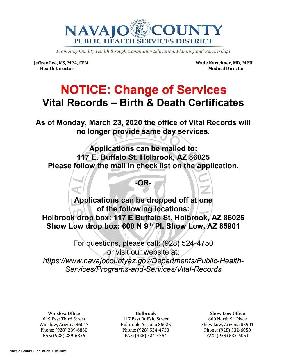 NOTICE: Change of Vital Records Services (Navajo County) — Nextdoor —  Nextdoor