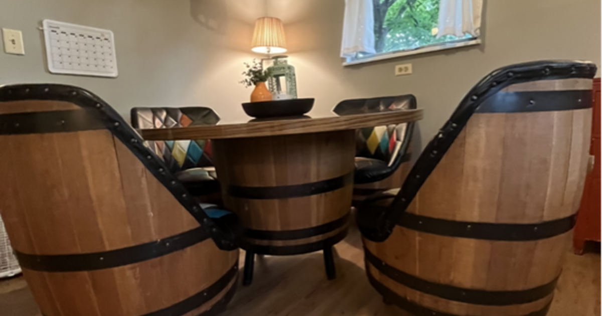 Brothers Furniture whiskey barrel harlequin table and 4 chairs for 700