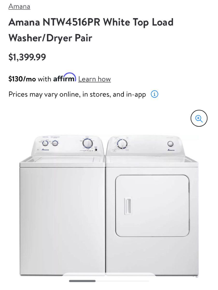 amana white top load washer dryer pair ntw4516pr