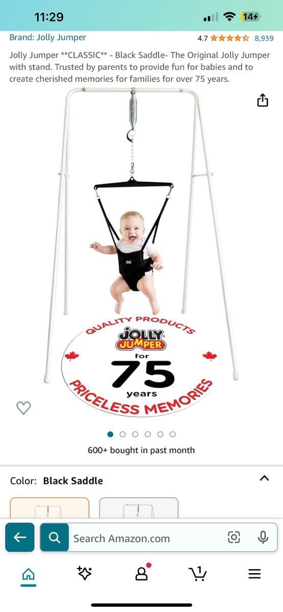  Jolly Jumper **CLASSIC** - Black Saddle- The Original Jolly  Jumper with stand. Trusted by parents to provide fun for babies and to  create cherished memories for families for over 75