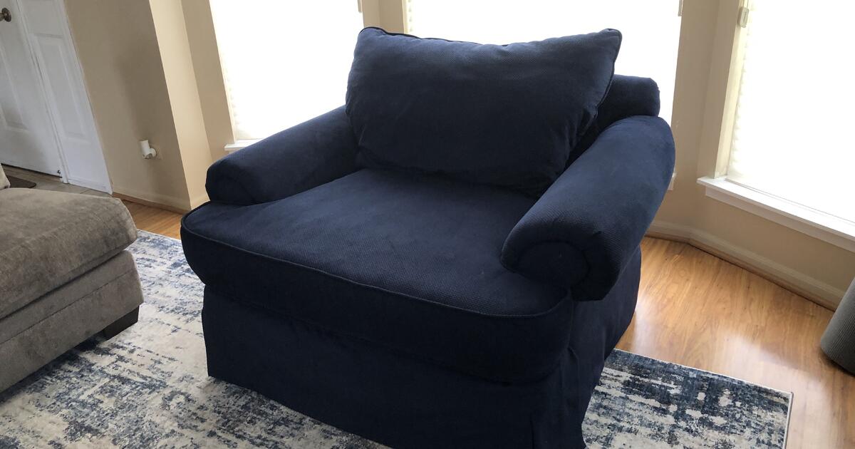 Vintage Reupholstered Dark Blue Chair-and-a-Half and Matching Ottoman ...