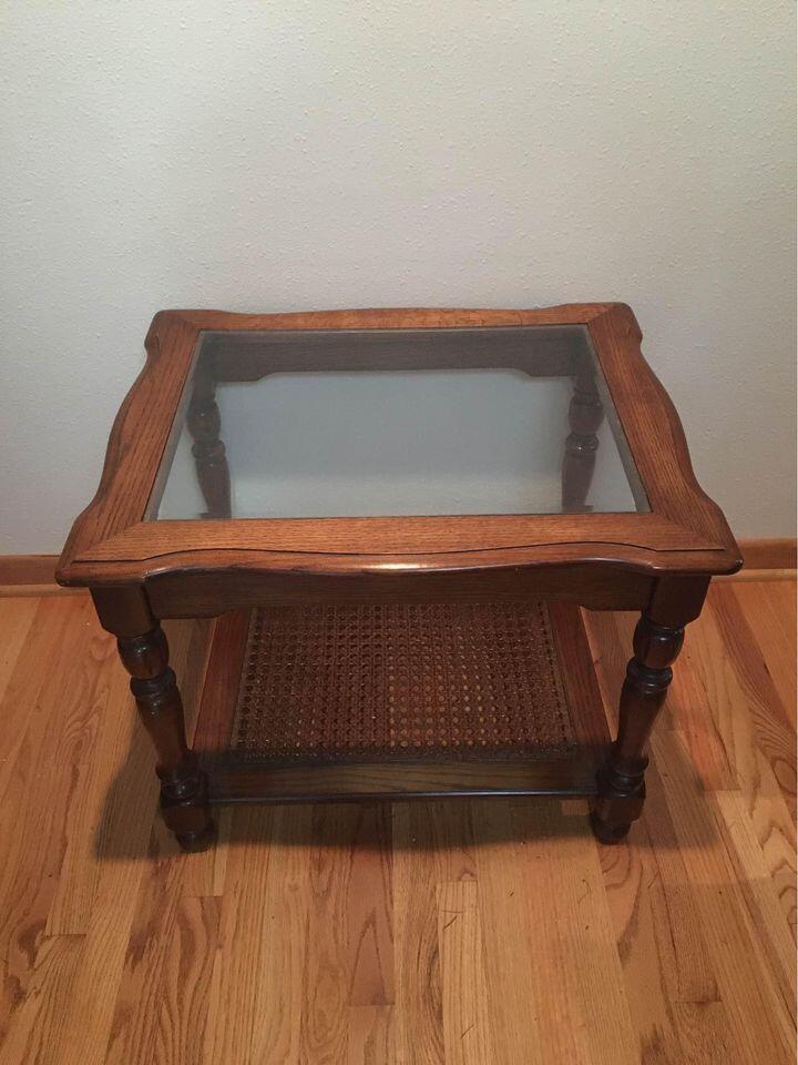 MCM Vintage Glass, Solid Wood & Cane Bottomed Shelf Accent