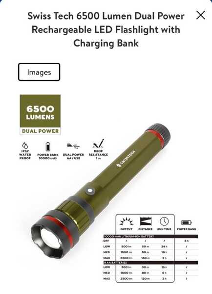 6500 Lumen Swisstech Flashlight, Dual Charge LED With 10,000MaH Power Bank  For $40 In Lansing, MI