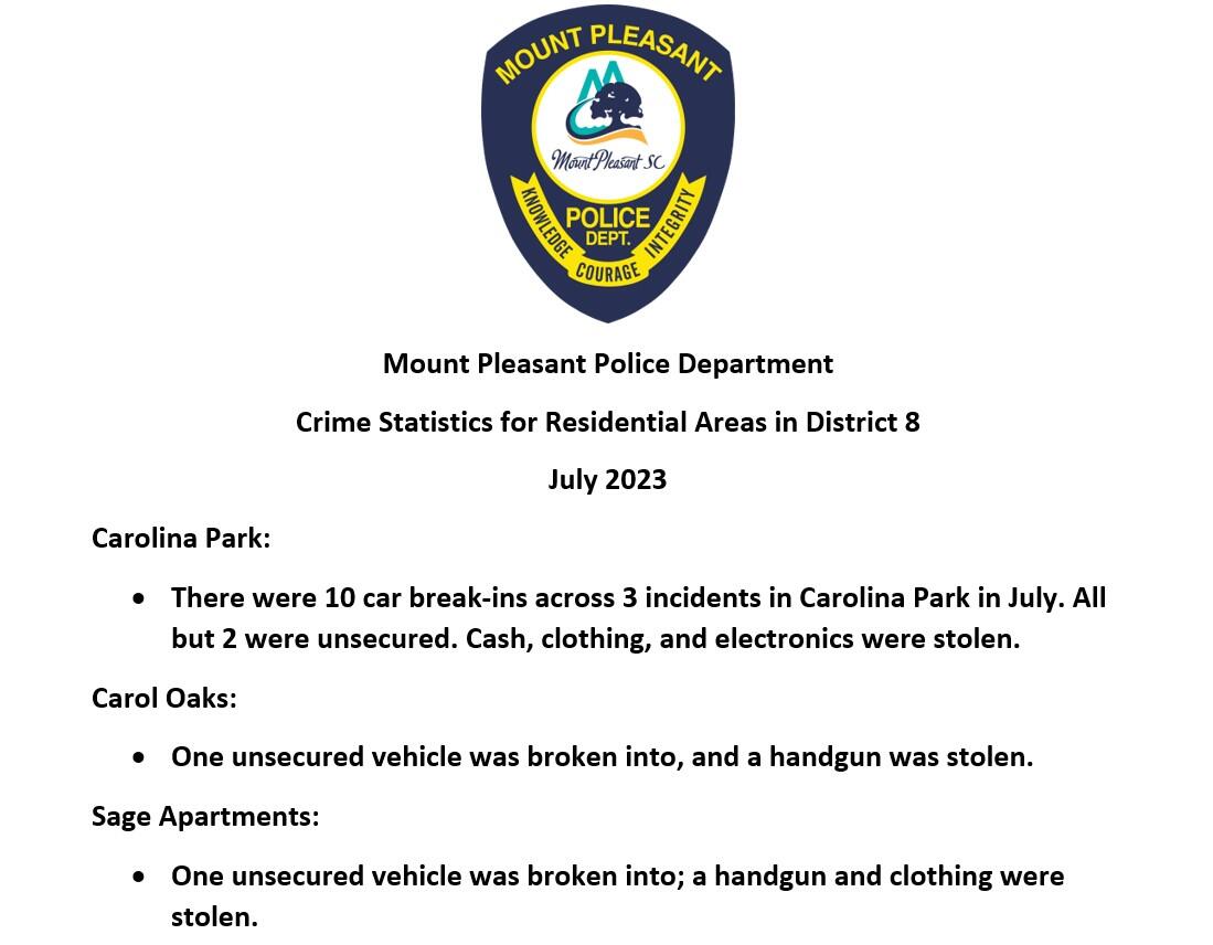 District 8 Residential Crime Statistics July 2023 (Mount Pleasant