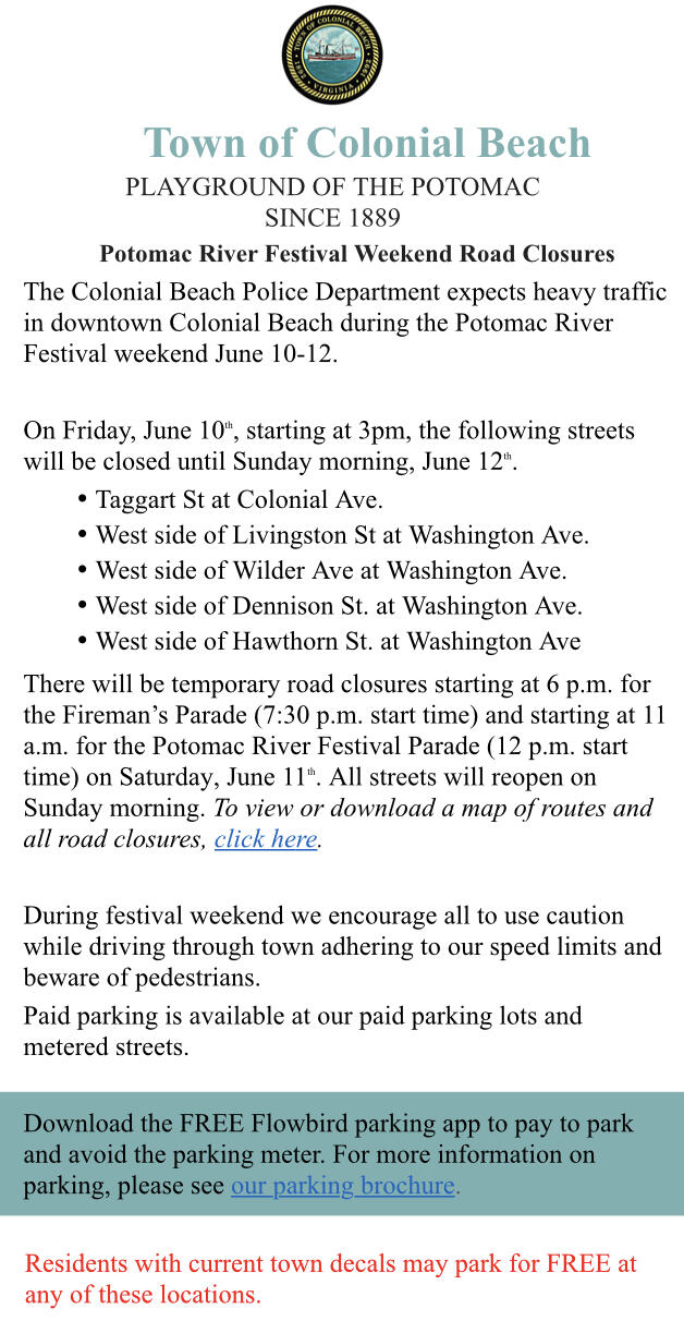 Colonial Beach Police Department expects heavy traffic in downtown