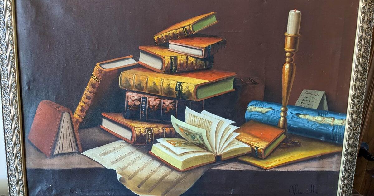 Pictures in frames, Books 27x37" oil on canvas, Greece, 26x30" oil on canvas for 30 in Las