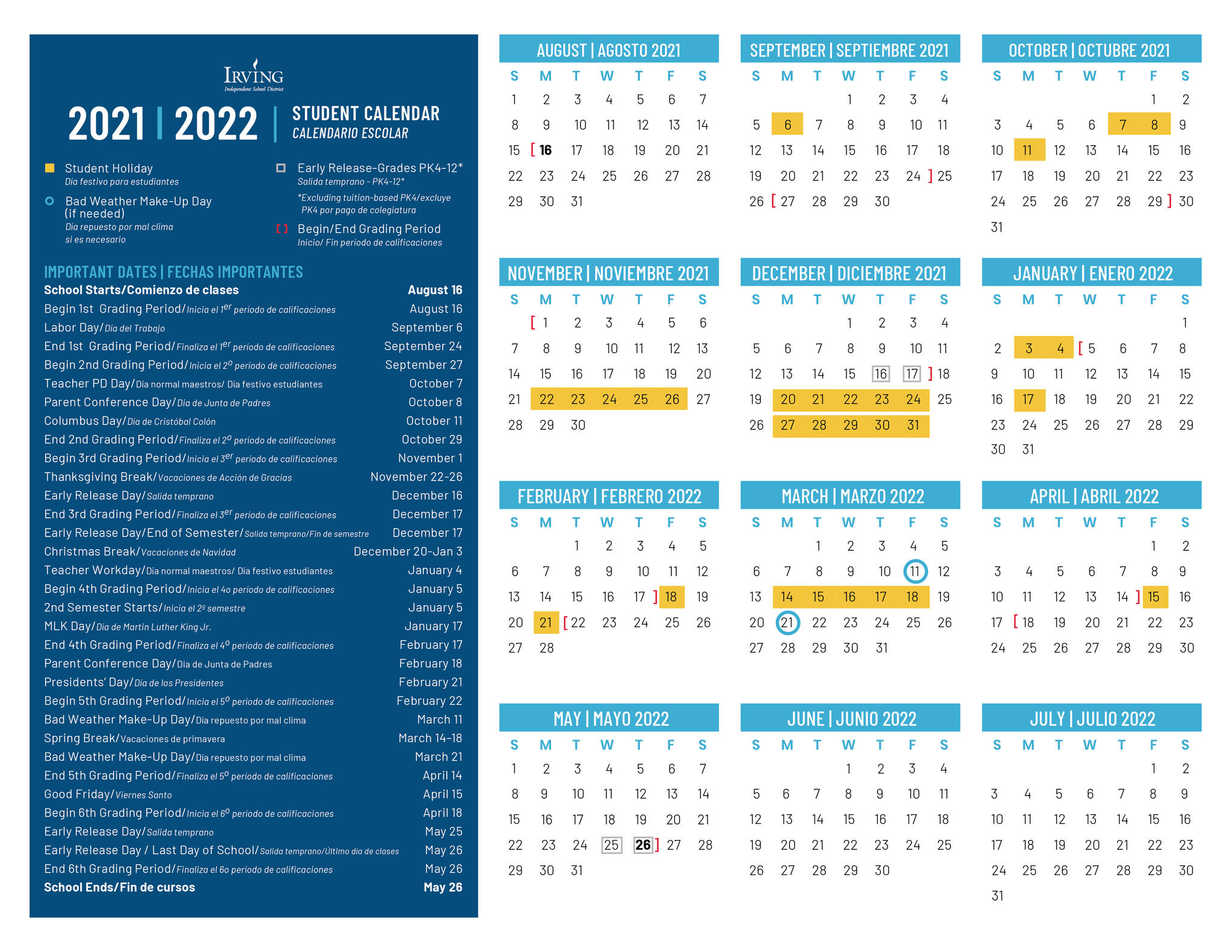 2021 - 22 School Calendar Approved! (Irving ISD) &mdash; Nextdoor — Nextdoor