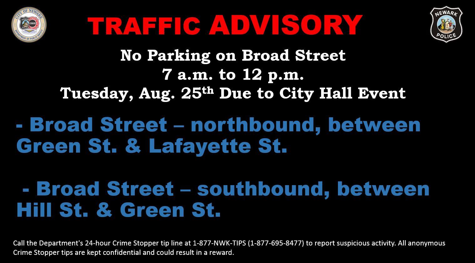 TRAFFIC ADVISORY - No Parking on Broad Street Announced Due to City ...
