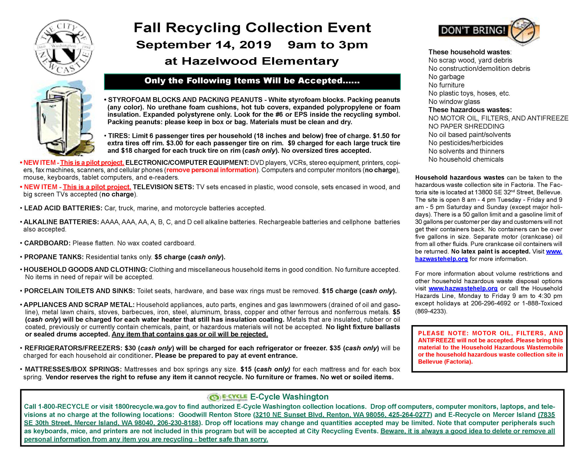 Newcastle's Fall Recycling Event is Saturday (City of Newcastle
