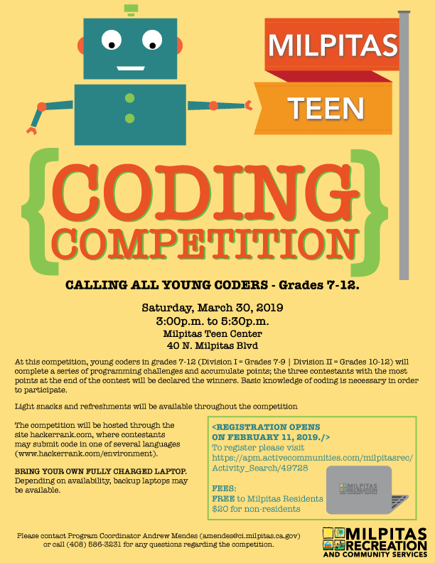 Milpitas Teen Coding Competition City of Milpitas mdash