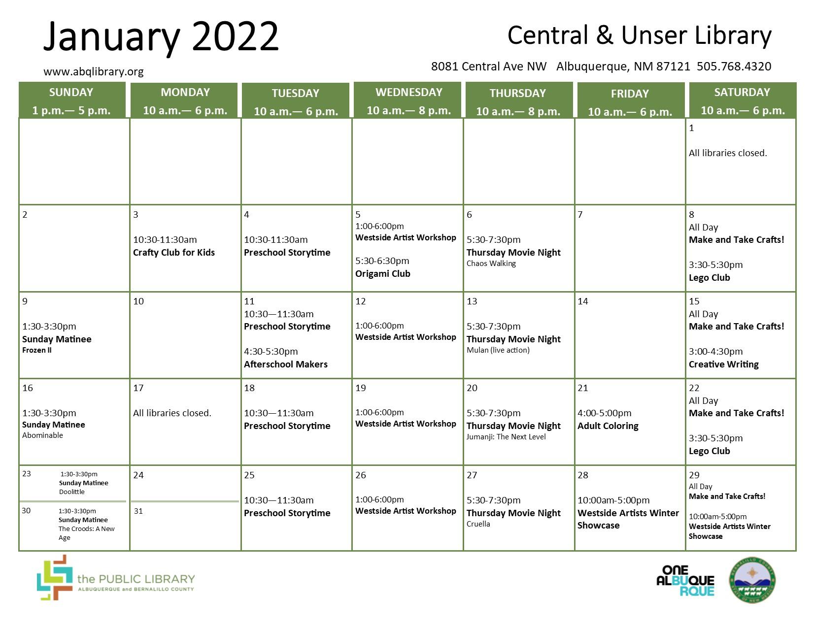Central & Unser Library, January 2022 Calendar & Programs (City of