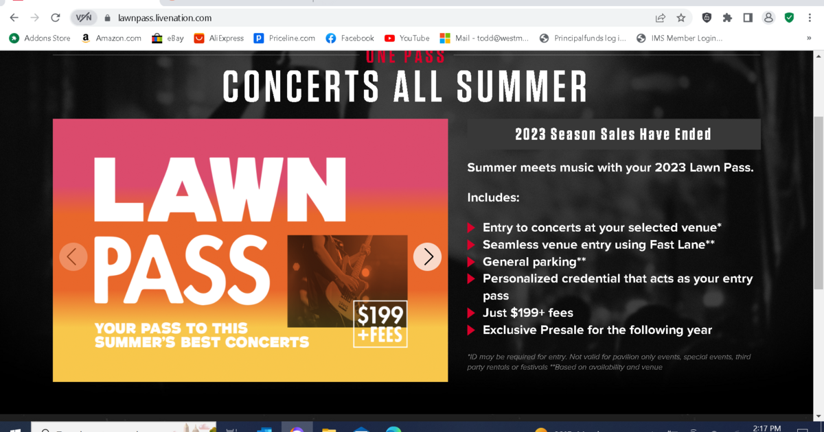 Live Nation 2023 Lawn Pass IThink Amphitheater. REDUCED! for 280 in