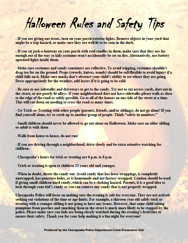 TrickorTreating Safety Tips Handout (Chesapeake Police Department