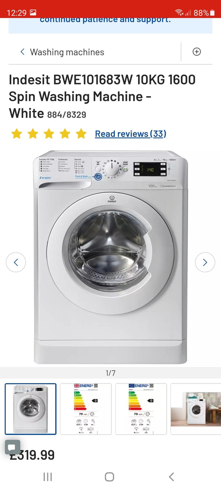 indesit bwe101683w 10kg 1600 spin washing machine white