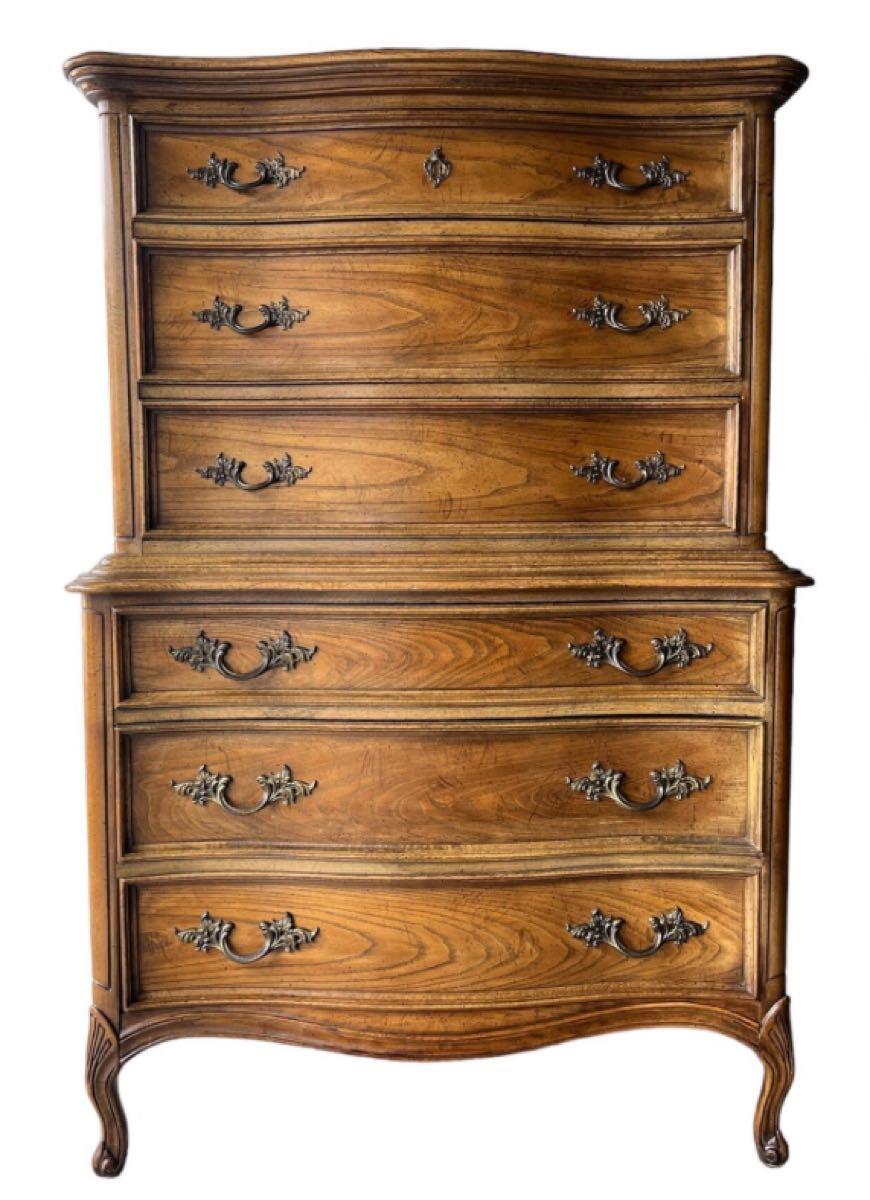 French Provincial 6 Drawer Vintage Tallboy Dresser + 2 Matching Bed