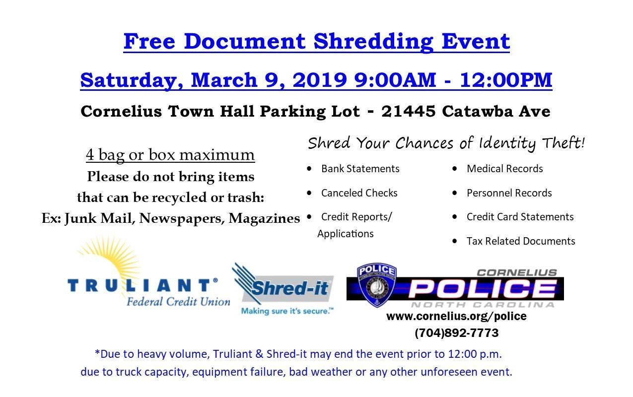 Police Shredding Event This Saturday, March 9! (Town of Cornelius