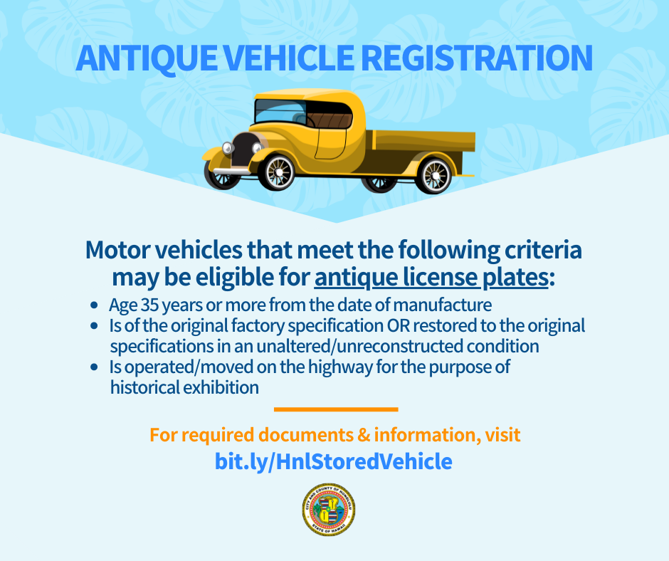 Antique vehicle registration (City and County of Honolulu) — Nextdoor