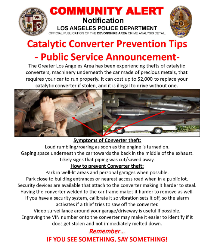 **Catalytic Converters Theft Prevention Tips ** (Los Angeles Police