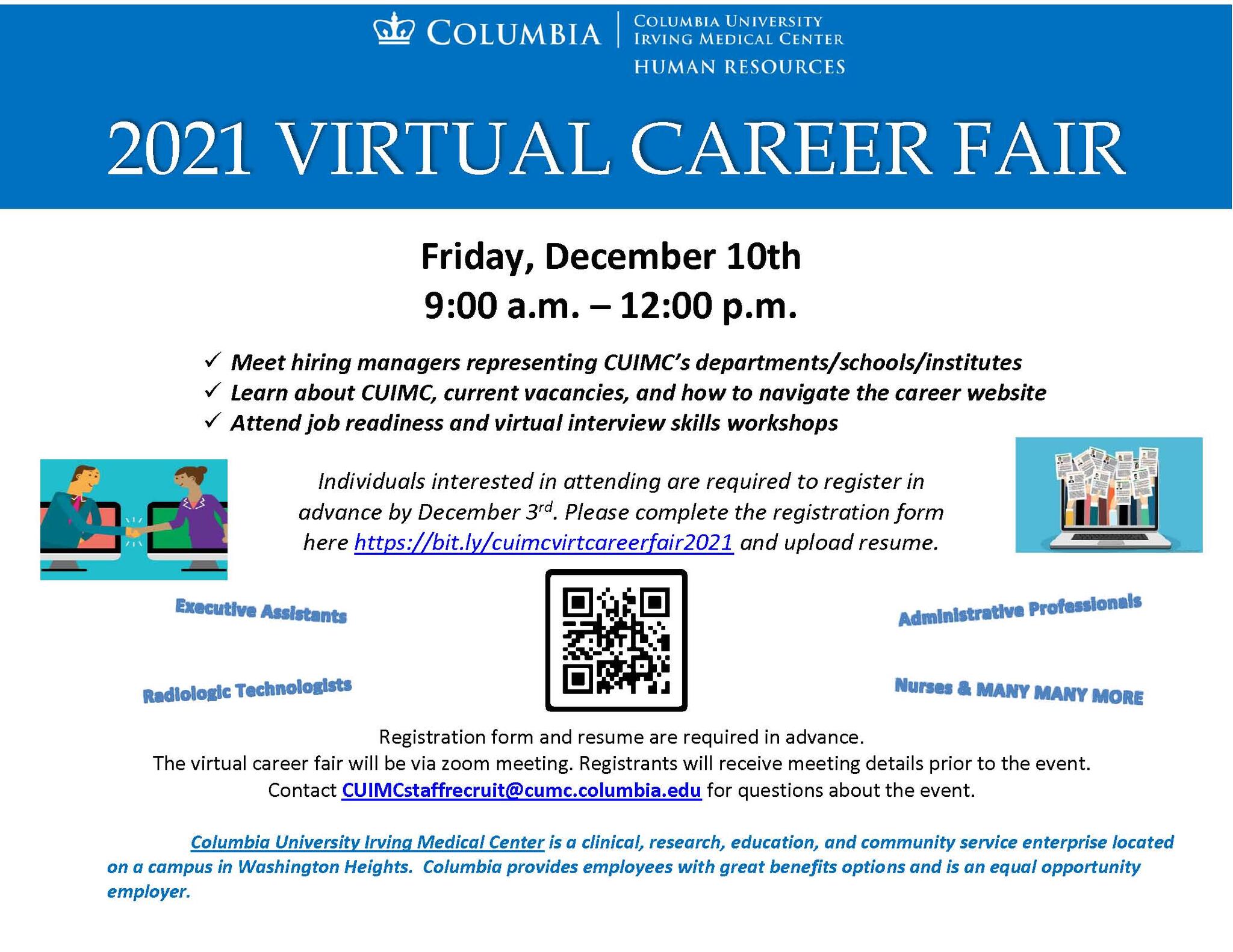 Columbia University Irving Medical Center, Human Resources will hold a  Virtual Career Fair on Friday, December 10, 2021 from 9am to 12pm.  (Manhattan Community Board 9) &mdash; Nextdoor — Nextdoor