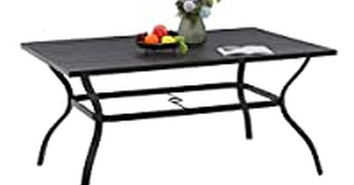 Black Patio Dining Table Metal Frame Table with Umbrella Hole for 85