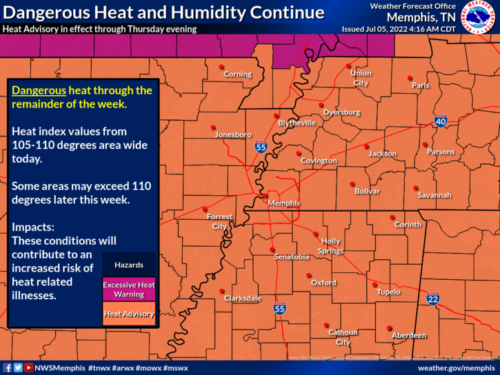 City of Memphis Weather Update July 5, 2022 NWS Dangerous Heat