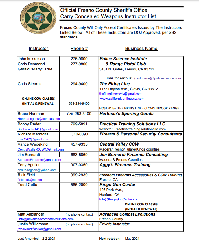 Instructor List ***UPDATED CCW INSTRUCTOR LIST*** (Fresno County Sheriff's Office ...
