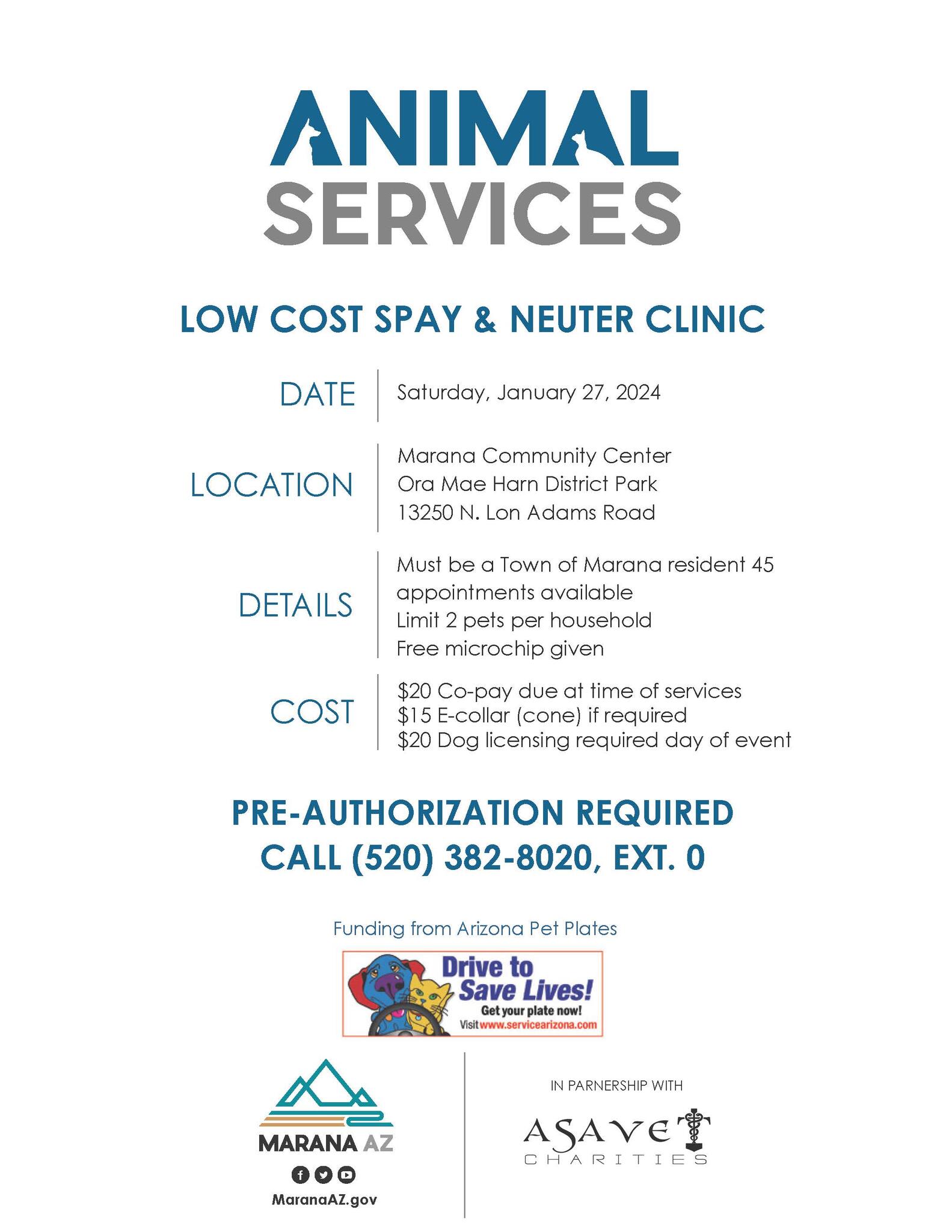 Marana Animal Services is holding a Low Cost Spay/Neuter clinic on