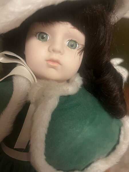 porcelain doll green dress Vintage With Freckles, Cute Vintage Dress, Collectible Doll With Green Eyes, Vintage Collector Gift a decorative porcelain doll with