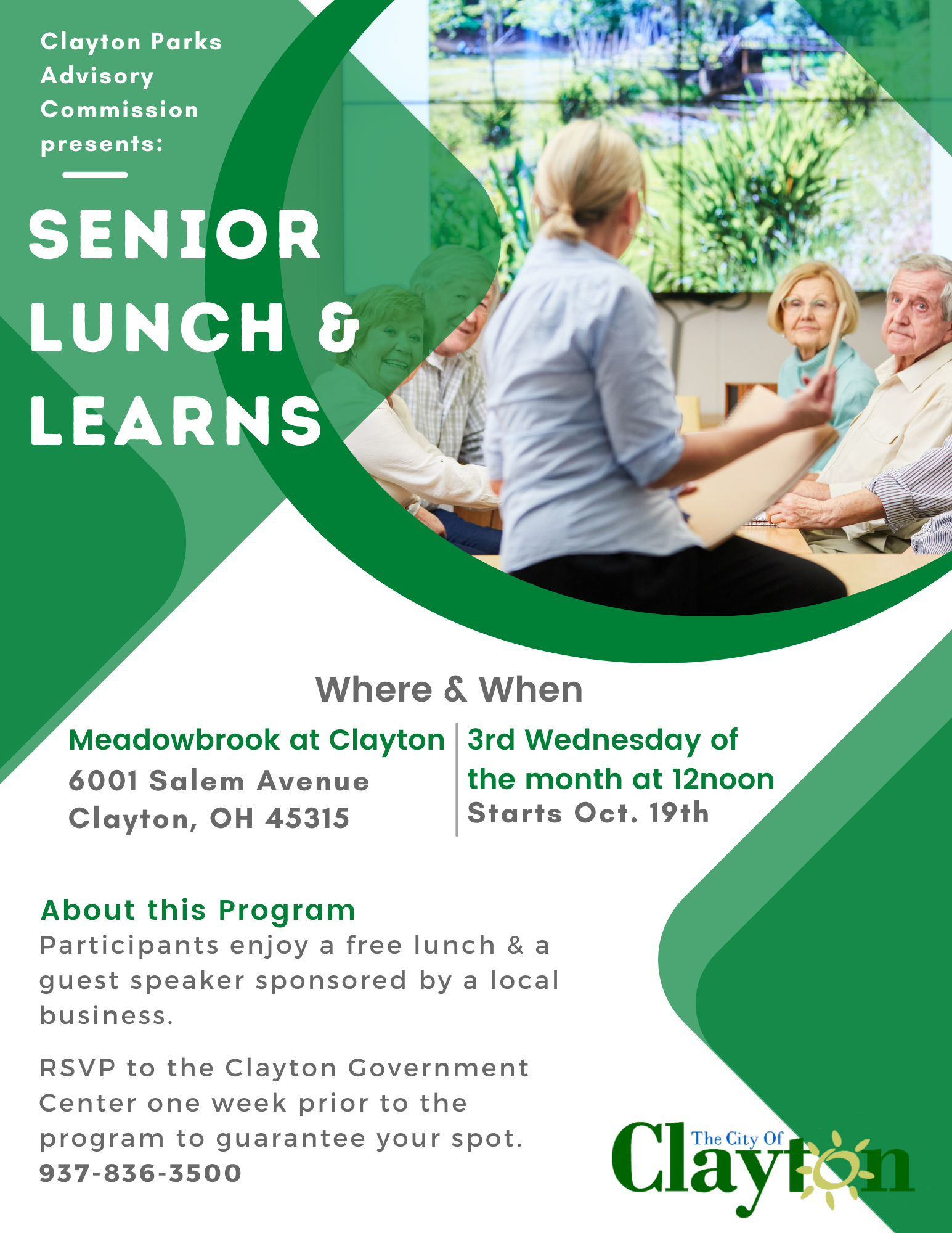 Sign up now for February's Senior Lunch and Learn at Meadowbrook at Clayton on 2/15/23. (City of