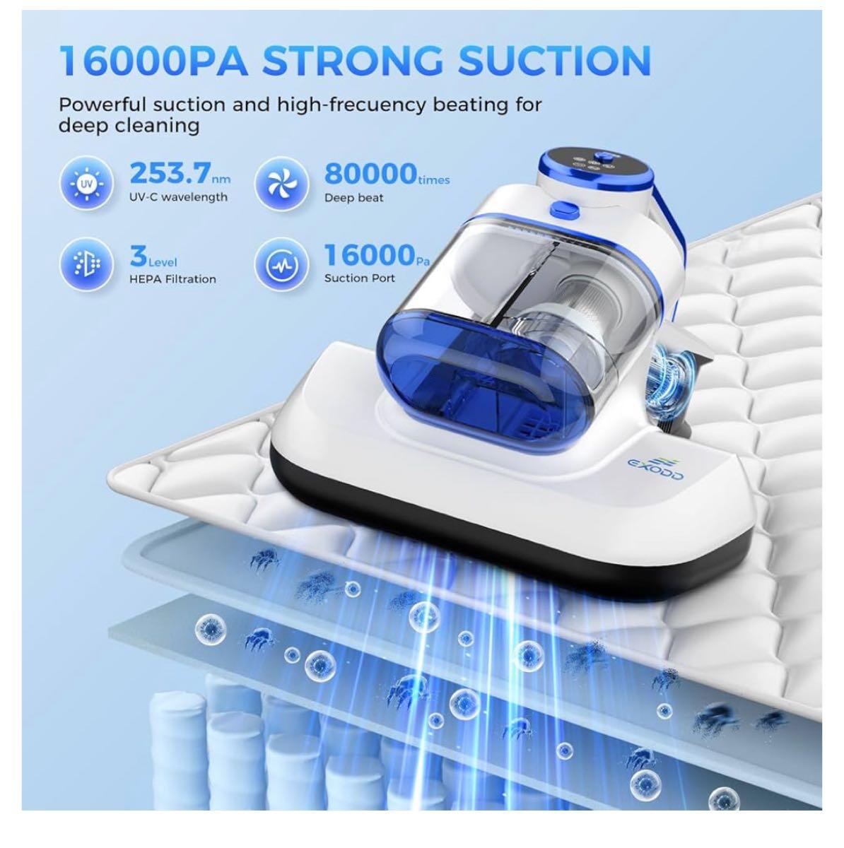 Bed Vacuum Cleaner Cordless Mattress 253.7nm UV-C Light & 16 Kpa Strong Suction.HEPA Filter,