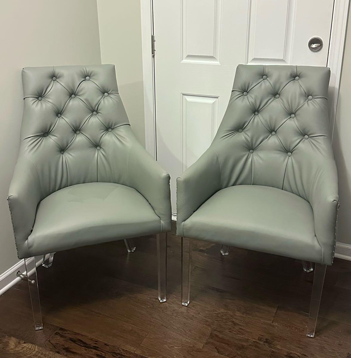 Set of 2 Inspired Home Gray Faux Leather Tufted Arm Chairs with Clear Acrylic Legs