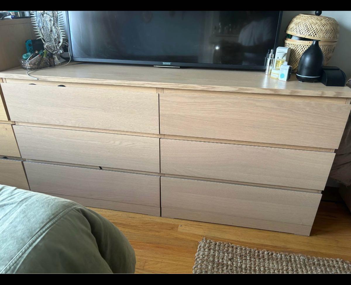 malm white oak dresser chest of 6 drawers, stained veneer, 160x78 cm you can easily connect your imagination to your space Two Ikea 'MALM' chest of