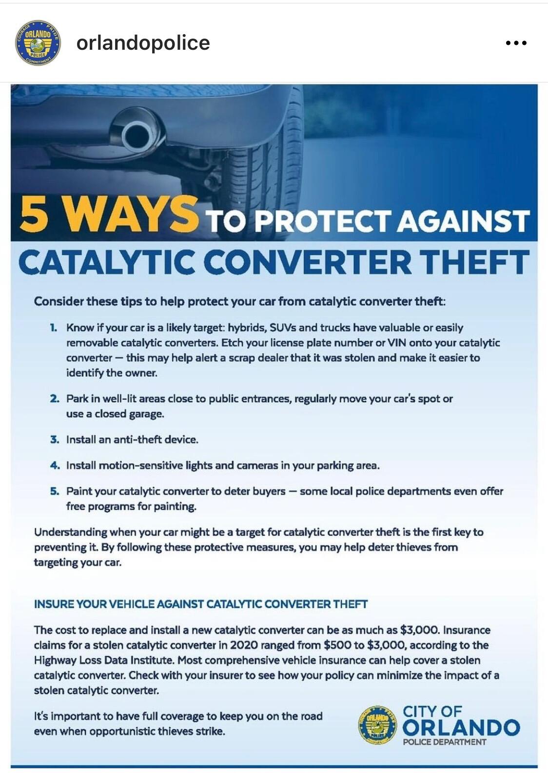 5 ways to protect against catalytic converter theft. (Orlando Police Department) — Nextdoor