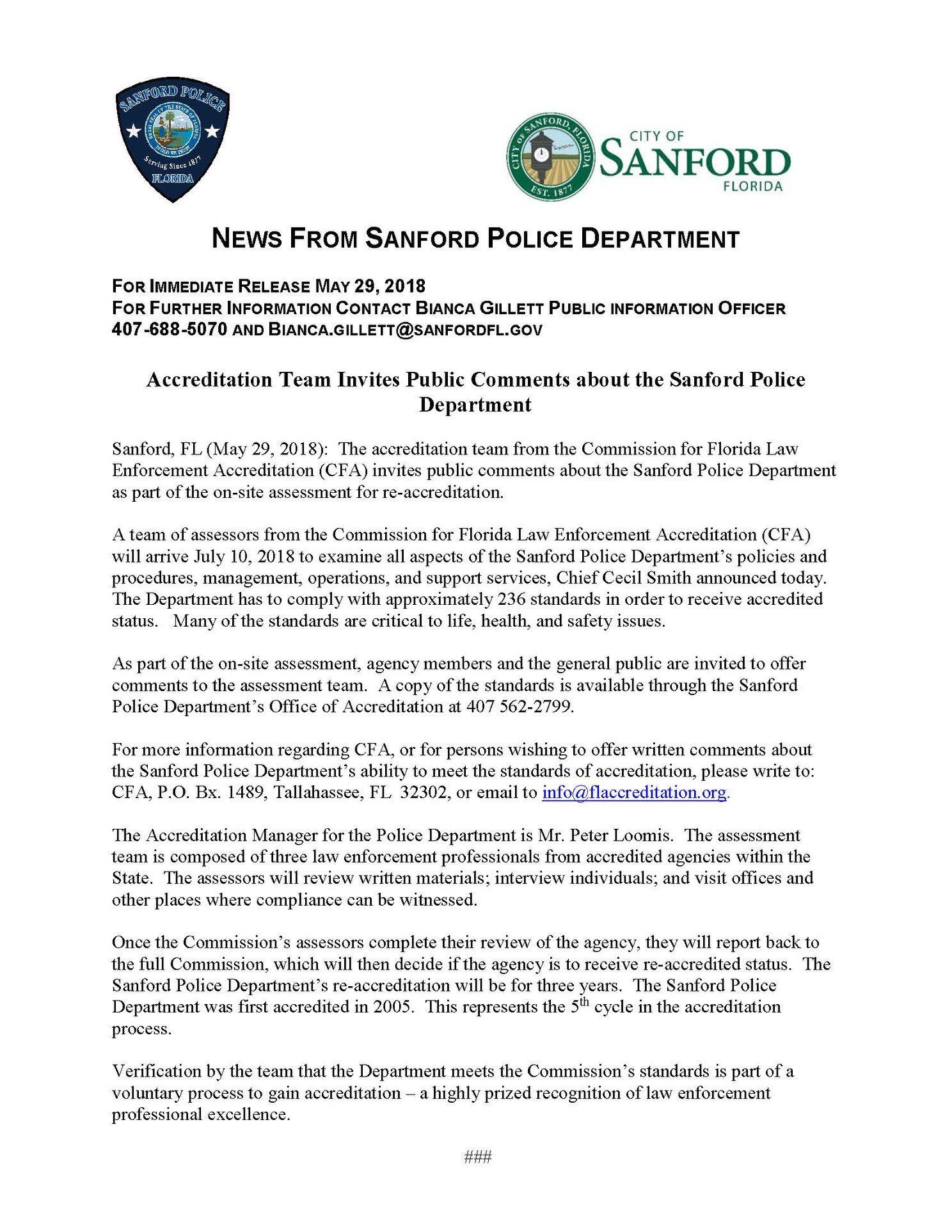 Accreditation Team Invites Public Comments About The Sanford Police ...