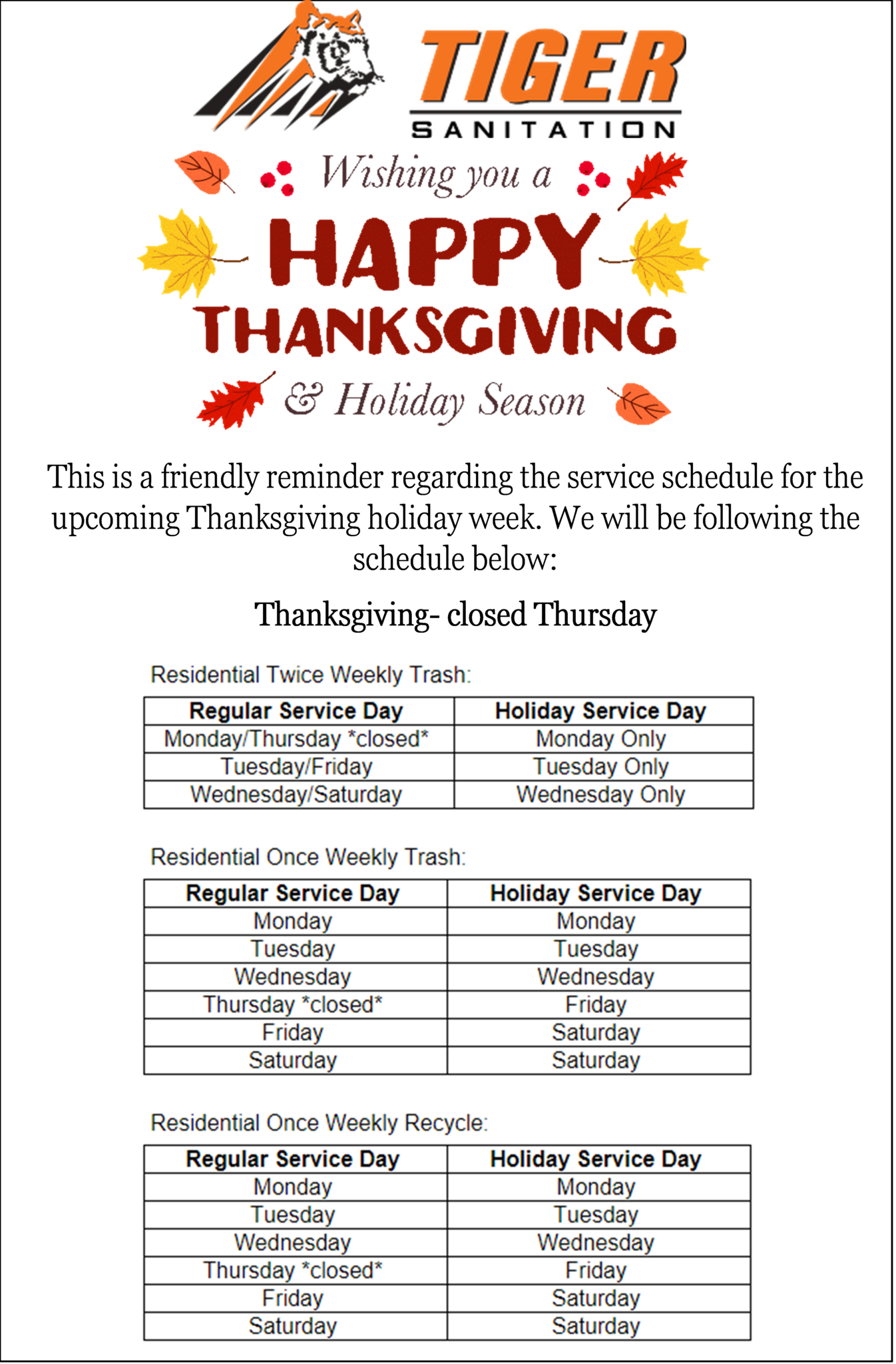 Tiger Sanitation Holiday Trash Schedule (City of Leon Valley